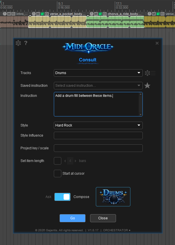 MIDI Oracle main interface — typing an instruction