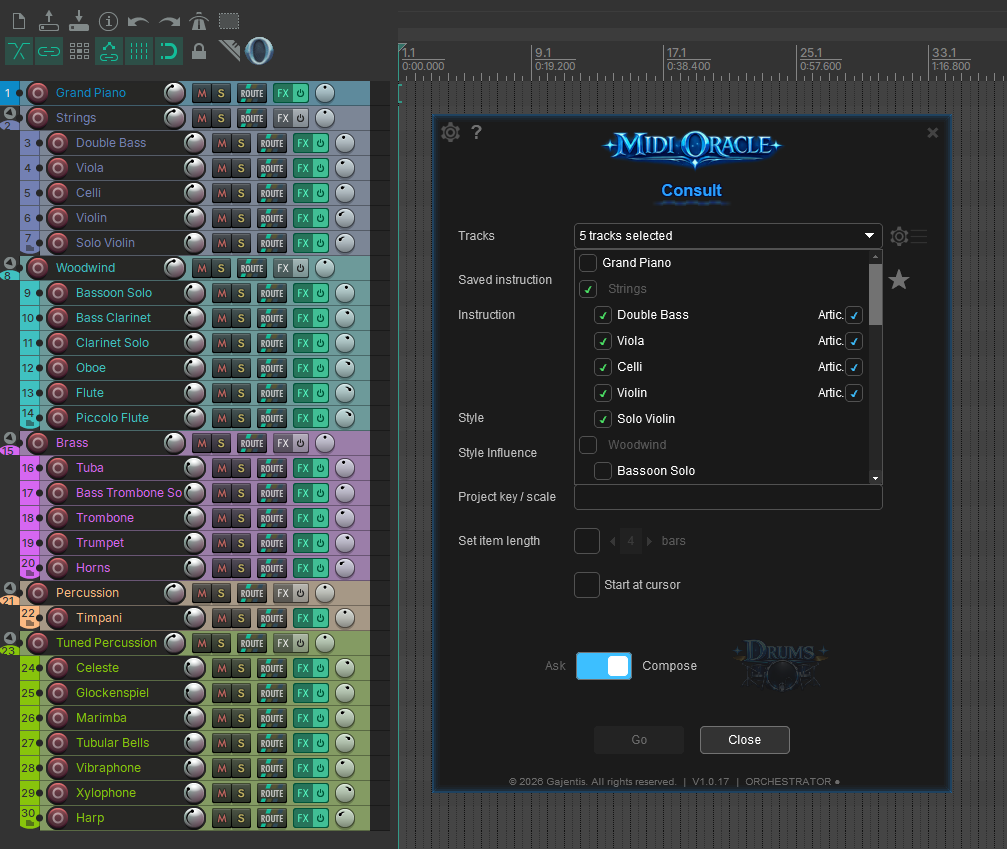 Include tracks dropdown showing a full orchestra with nested folders and articulations