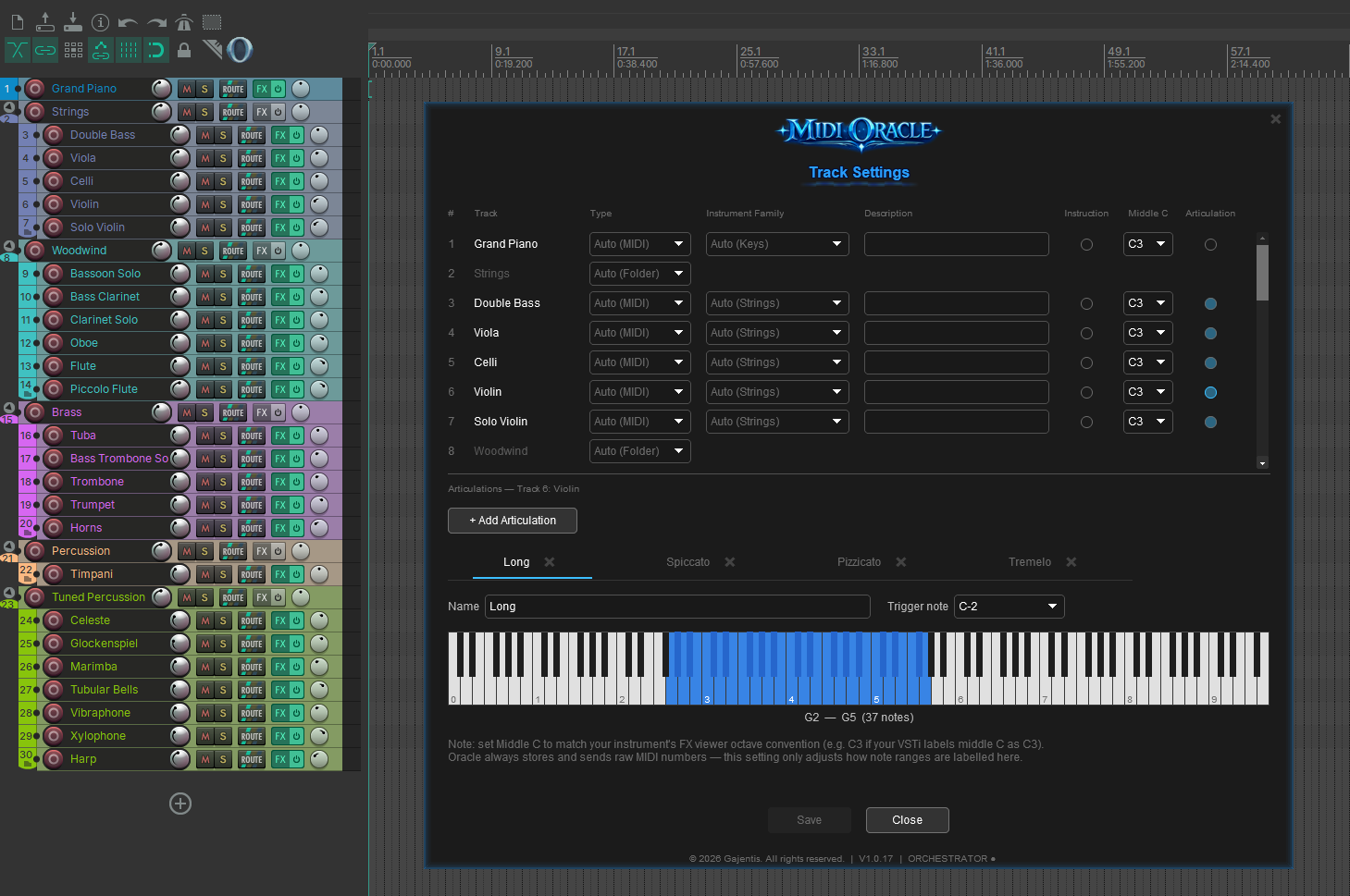 Per-track configuration panel showing note range and articulations